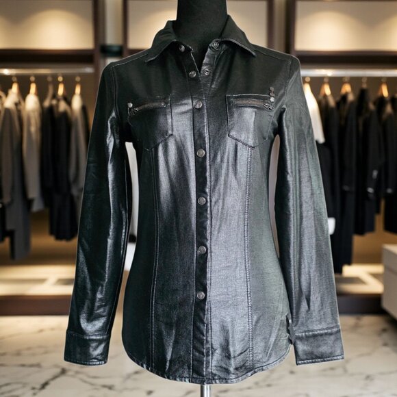 NWOTHARLEY DAVIDSON (XS) Black Faux Leather Snap Up Zip Detail Breast Pocket L/S - Picture 1 of 6